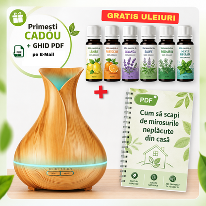 Umidificator difuzor arome + 6 uleuri GRATIS + GHID PDF  "Cum să scapi de mirosurile neplăcute din casă”